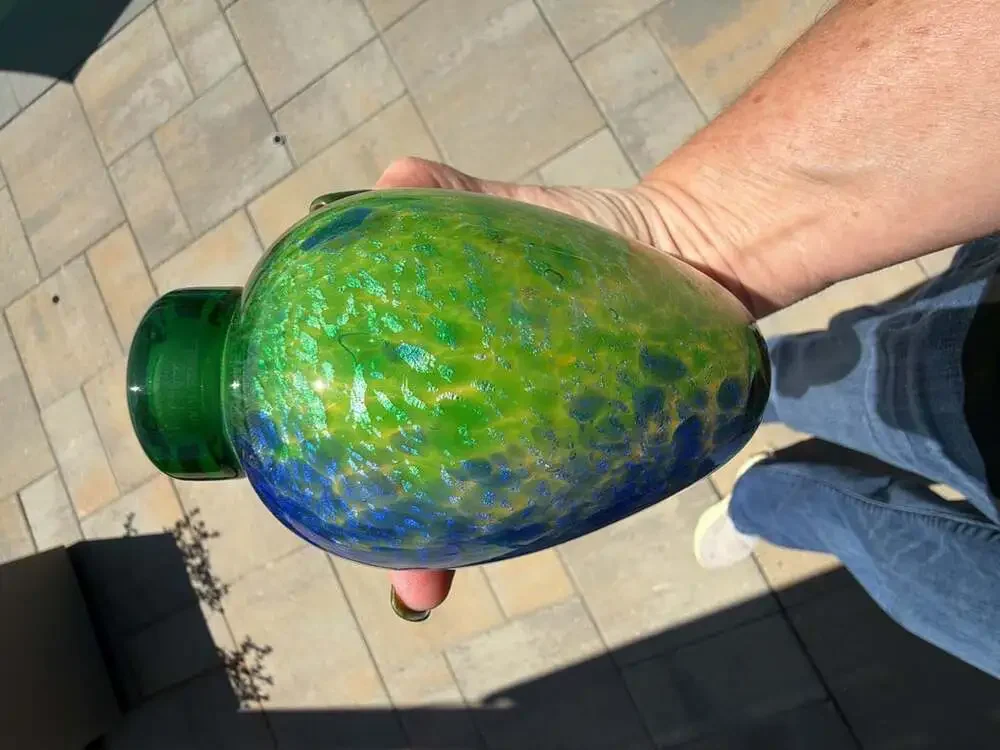 Franco Moretti Murano Art Glass Vase Green Red Blue with Gold Sparkles